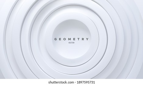 White concentric rings. Abstract futuristic background. Vector geometric illustration. Radial shapes. Futuristic cover design. Minimalist broadcast style concept.