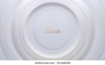 White Concentric Surface With Golden Anisotropic Effect. Abstract Geometric Background. Glittering Brushed Metal Texture. Vector Illustration. Elegant Cover Design