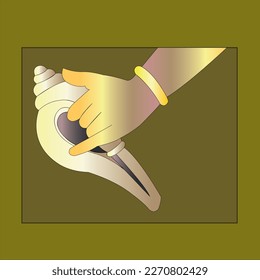 White Conch in hand on green color background