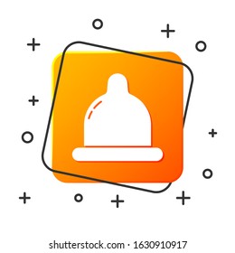 White Condom icon isolated on white background. Safe love symbol. Contraceptive method for male. Orange square button. Vector Illustration