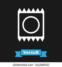 White Condom in package icon isolated on black background. Safe love symbol. Contraceptive method for male.  Vector Illustration