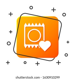 White Condom in package icon isolated on white background. Safe love symbol. Contraceptive method for male. Orange square button. Vector Illustration