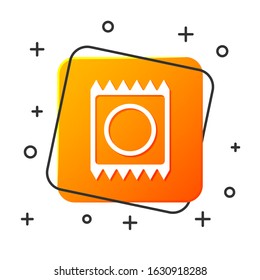 White Condom in package icon isolated on white background. Safe love symbol. Contraceptive method for male. Orange square button. Vector Illustration