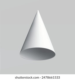 A white cone floating on a light gray background, highlighting minimalist design