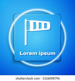 White Cone meteorology windsock wind vane icon isolated on blue background. Windsock indicate the direction and strength of the wind. Blue square button. Vector Illustration