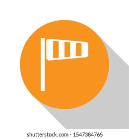 White Cone meteorology windsock wind vane icon isolated on white background. Windsock indicate the direction and strength of the wind. Orange circle button. Vector Illustration