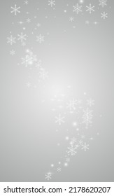 White Confetti Vector Gray Background. Abstract Snow Banner. Silver magic Texture. Fantasy Snowflake Transparent.