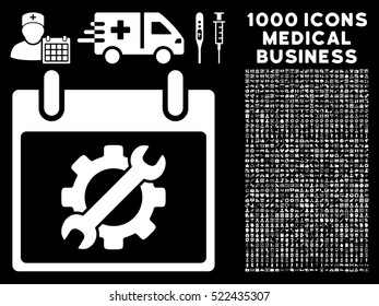 White Configuration Tools Calendar Day vector icon with 1000 medical business pictograms. Set style is flat symbols, white color, black background.