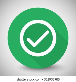 White Confirm icon with long shadow on green circle