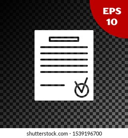 White Confirmed document and check mark icon isolated on transparent dark background. Checklist icon. Business concept.  Vector Illustration