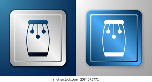 White Conga drums icon isolated on blue and grey background. Musical instrument. Silver and blue square button. Vector