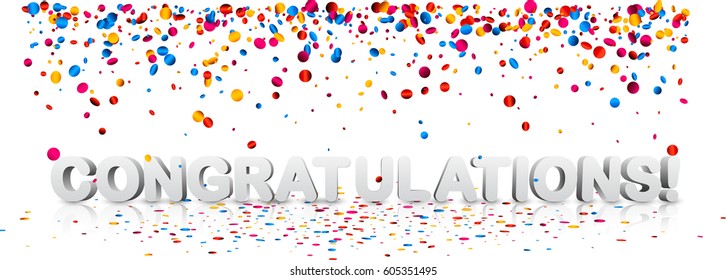 White congratulations 3d background with glossy colorful confetti. Vector holiday illustration. 
