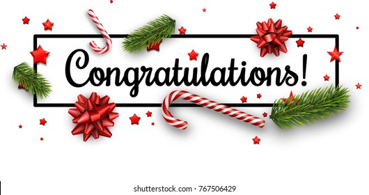 White congratulations Christmas banner with candy, fir branches and bows. Vector paper 
illustration. 

