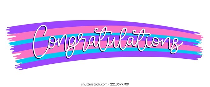 White Congratulations cursive word with shadow on a cute colorful brush background.