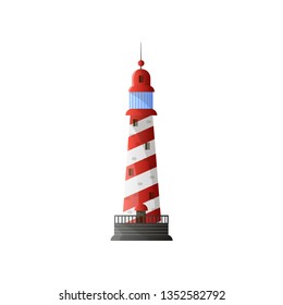 White conic lighthouse with shadow, red diagonal stripes and grey foundation in flat design