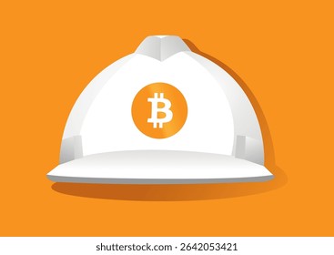 White construction helmet adorned with the Bitcoin logo on a vibrant orange background for cryptocurrency safety concept.