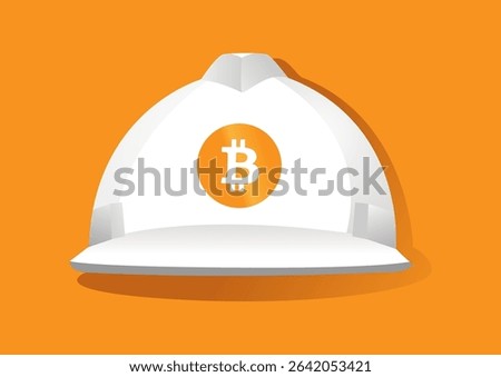 White construction helmet adorned with the Bitcoin logo on a vibrant orange background for cryptocurrency safety concept.