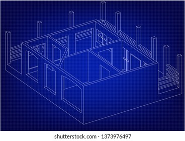 White construction of house in the blue background