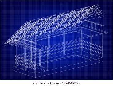 White construction of house in the blue background