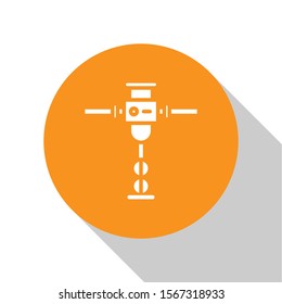 White Construction jackhammer icon isolated on white background. Orange circle button. Vector Illustration