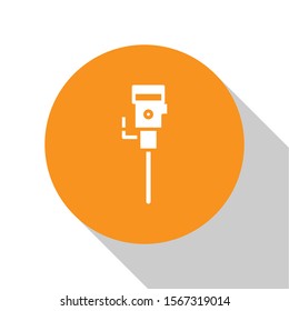 White Construction jackhammer icon isolated on white background. Orange circle button. Vector Illustration