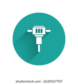 White Construction jackhammer icon isolated with long shadow. Green circle button. Vector