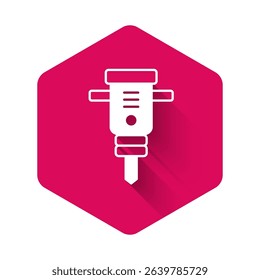 White Construction jackhammer icon isolated with long shadow background. Pink hexagon button. Vector