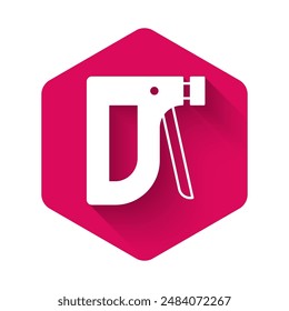 White Construction stapler icon isolated with long shadow background. Working tool. Pink hexagon button. Vector