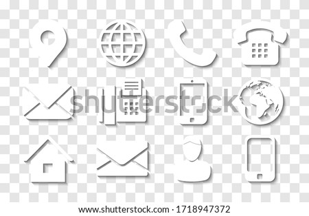 White Contact Info Icon Set with Shadows for Location Pin, Phone, Fax, Cellphone, Person and Email Icons.