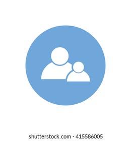 White contact people vector icon. Blue circle. Blue button