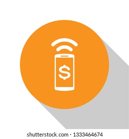 White Contactless payment icon isolated on white background. Mobile wallet technology, nfc, wireless payment with smartphone. Orange circle button. Flat design. Vector Illustration