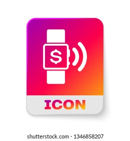 White Contactless payment icon isolated on white background. Smartwatch with nfc technology making wireless contactless transactions. Rectangle color button. Vector Illustration