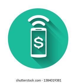 White Contactless payment icon isolated with long shadow. Mobile wallet technology, nfc, wireless payment with smartphone. Green circle button. Vector Illustration