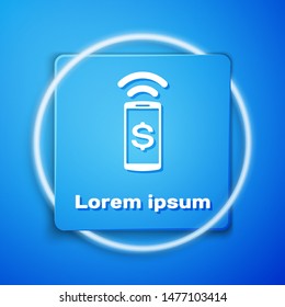 White Contactless payment icon isolated on blue background. Mobile wallet technology, nfc, wireless payment with smartphone. Blue square button. Vector Illustration