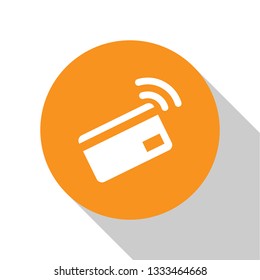 White Contactless payment with nfc card icon isolated on white background. Card with radio wave sign. Credit card payment. Orange circle button. Flat design. Vector Illustration