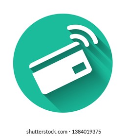 White Contactless payment with nfc card icon isolated with long shadow. Card with radio wave sign. Credit card payment. Green circle button. Vector Illustration