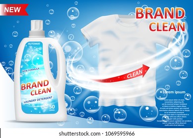 White Container 3d Bottle With Laundry Detergent Ad. Stain Remover Package Design For Advertising. Washing Detergent Banner With Clean Shirt On Blue Background. Vector Illustration