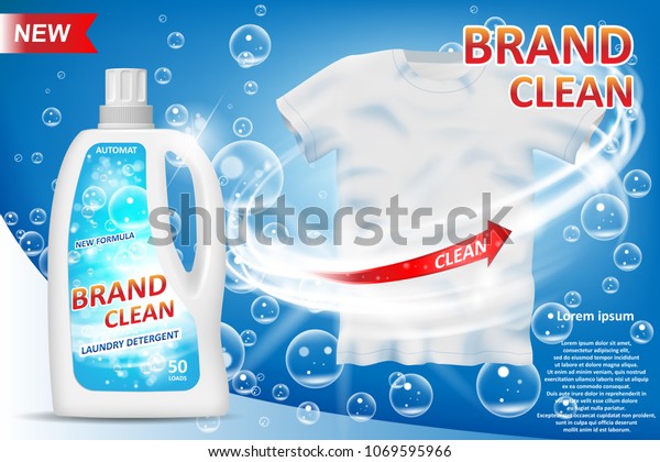 洗剤広告と白い容器3dボトル 広告用の汚れ落としパッケージデザイン 青の背景に洗剤のバナーと清潔なシャツ ベクターイラスト のベクター画像素材 ロイヤリティフリー