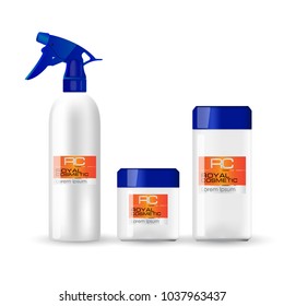
White container of face cream, spray with blue cap. Package design cosmetic  products. Vector illustration.