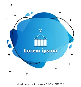 White Container on crane icon isolated on white background. Crane lifts a container with cargo. Abstract banner with liquid shapes. Vector Illustration