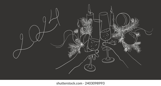 White continuous line champagne cheers one line art, continuous drawing contour on black background. 2024 Cheers toast festive decoration for holidays. Vector illustration