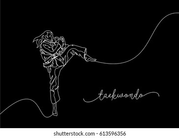 White Continuous Line Drawing or One Line Drawing of Taekwondo Training
