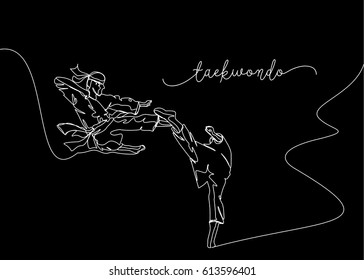 White Continuous Line Drawing or One Line Drawing of Taekwondo Training
