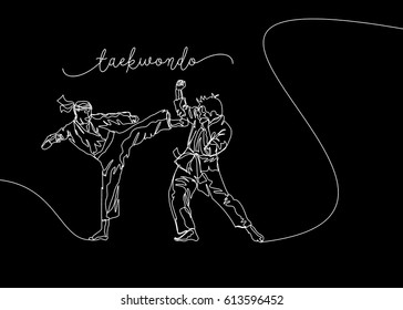 White Continuous Line Drawing or One Line Drawing of Taekwondo Training
