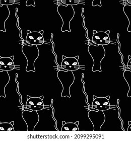 White contour animal lover cat pattern. Black and white minimalist kitten silhouette line art. Animal eyes on night darkness seamless vector.