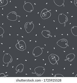 Manzanas de contorno blanco sobre fondo gris. manzanas enteras, mitad manzanas, semillas. Esbozo blanco negro. Papel digital dibujado a mano. Doodle. Pizarra. Para logotipo, papel pintado, tela, embalaje, embalaje, logotipo