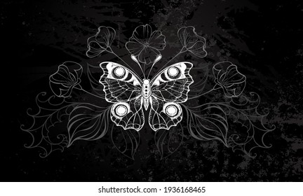 White, contour butterfly peacock with wild plants silhouette flowers on black textured background.