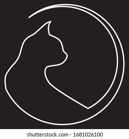 
White contour cat on a black background. Vector drawing.