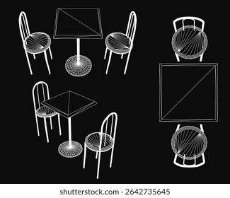 Cadeiras de contorno branco com encostos curvos e descansos de braços em torno de uma mesa correspondente em um fundo preto. O arranjo simétrico destaca o design limpo e moderno.