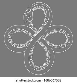 white contour coiled serpent ouroboros on grey background